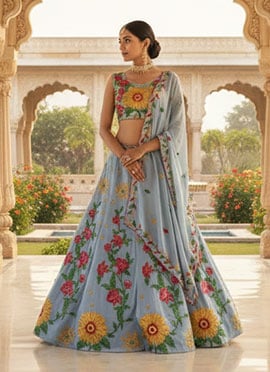 Grey Faux Georgette Sequins Embroidered Lehenga
