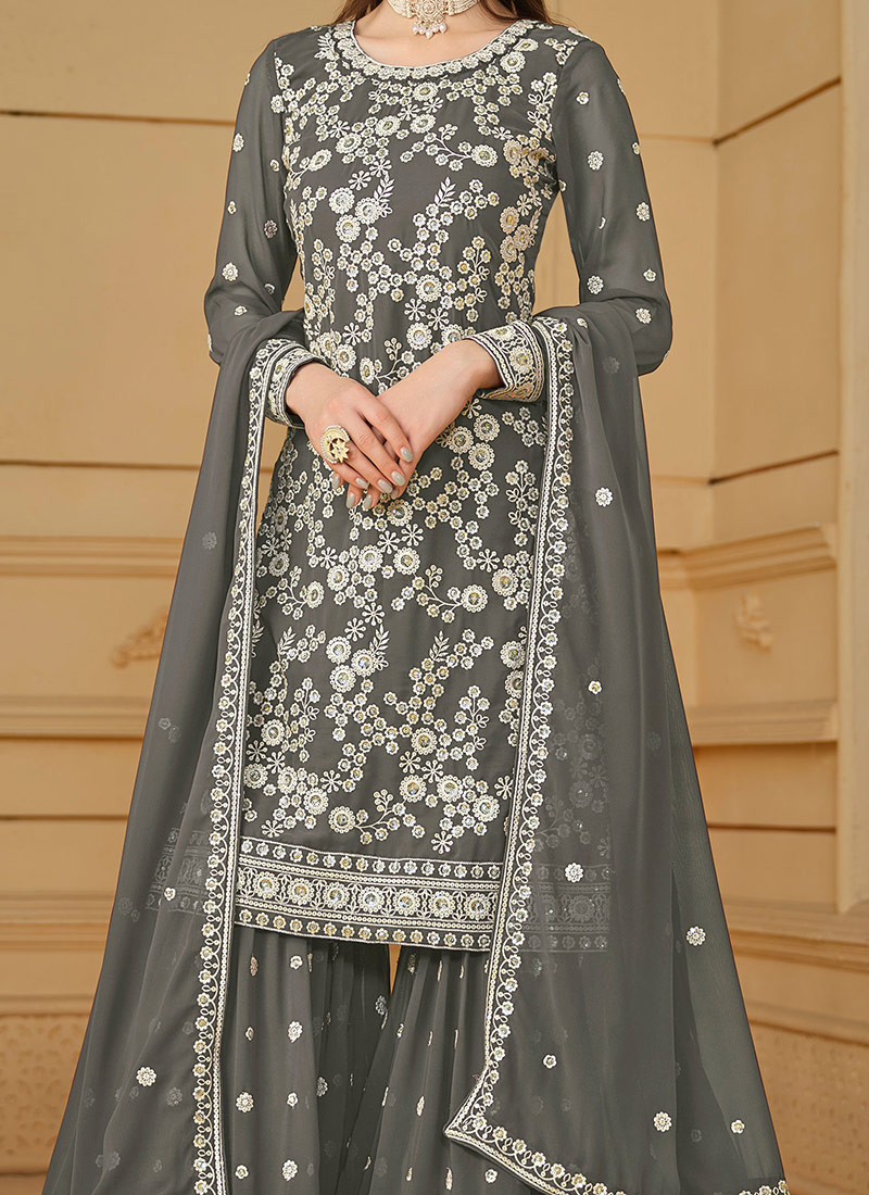 Maroon Traditional Redaymade Pakistani Sharara Suit With Sequins & Zari Work main image 1