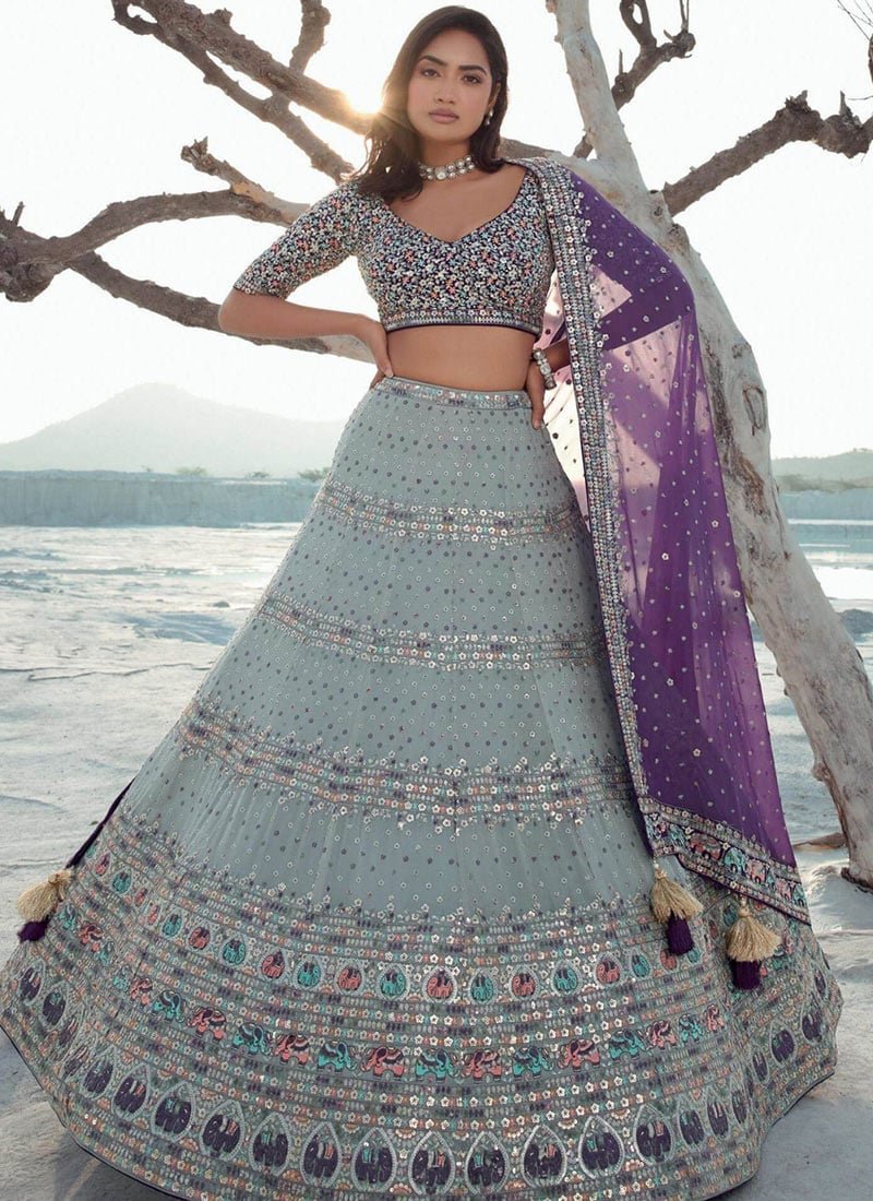 Grey Faux Georgette Sequins Lehenga Wedding Wear