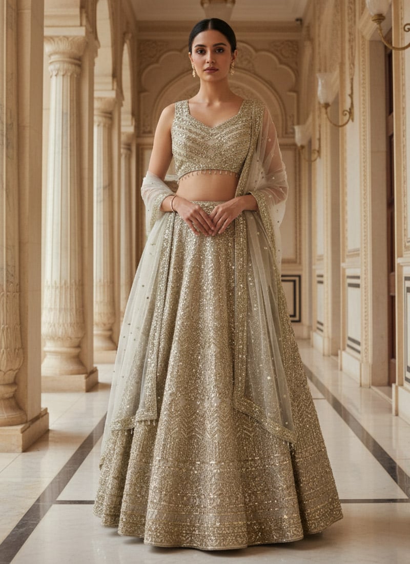 Grey Faux Georgette Zari Sequins Embroidered Festive Lehenga Wedding Wear