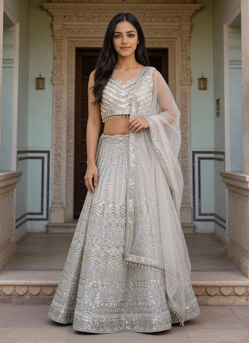 Grey Faux Georgette Zari Sequins Embroidered Umbrella Lehenga Wedding Wear
