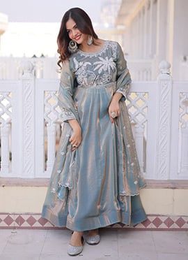 Grey Fendy Satin Embroidered Sequins Anarkali Gown