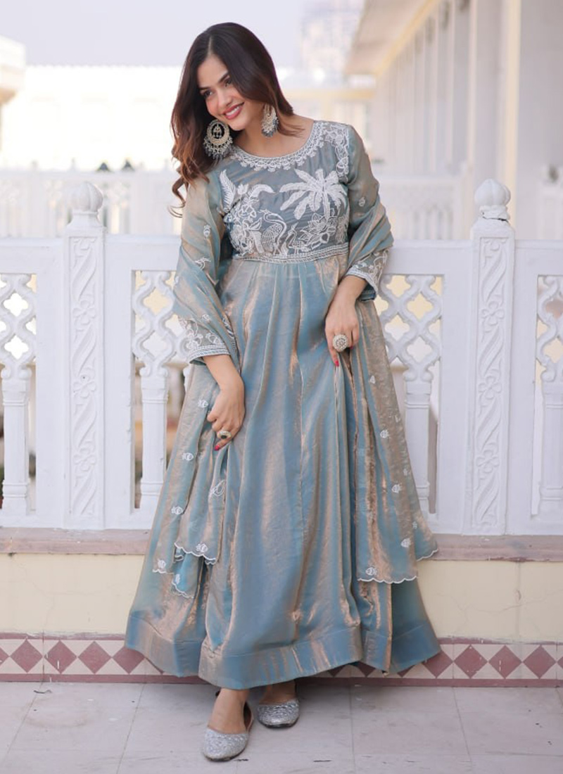 Grey Fendy Satin Embroidered Sequins Anarkali Gown Festive Wear