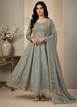 Grey Fendy Silk Embroidered Sequin Anarkali Suit