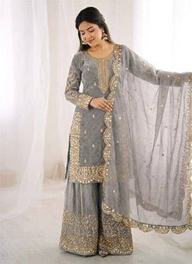 Grey Fendy Silk Embroidered Sequins With Moti Work Palazzo Suit