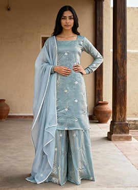 Grey Fendy Silk Sequins Palazzo Suit