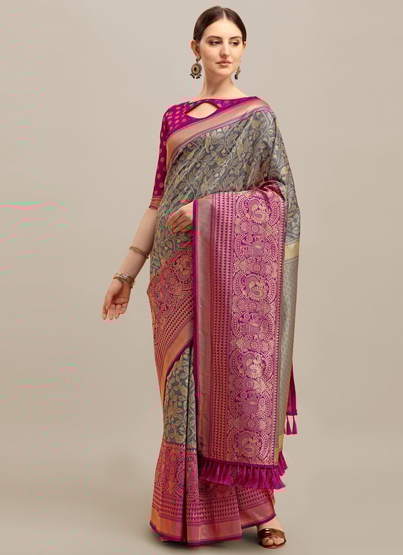 Grey Floral Banarasi Jacquard Silk Zari Woven Saree  Festive Wear