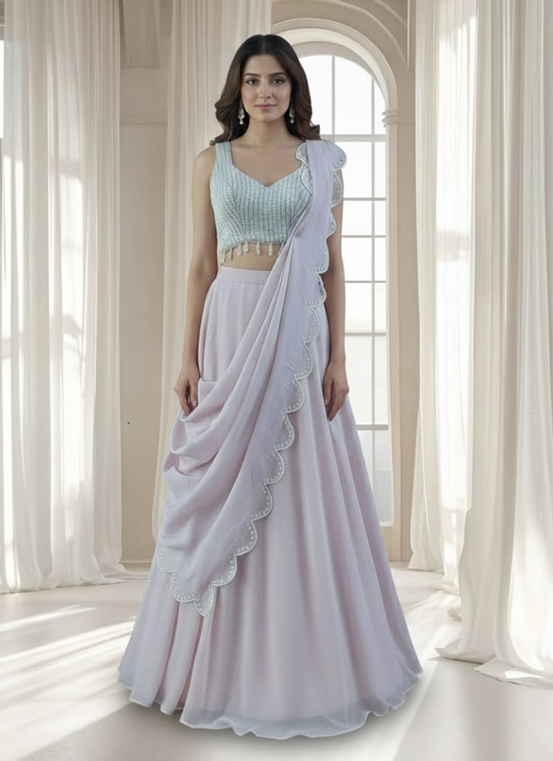 Grey Georgette Beads Hand Embroidered A Line Lehenga