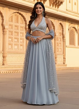 Grey Georgette Beads Stone Hand Embroidered Lehenga
