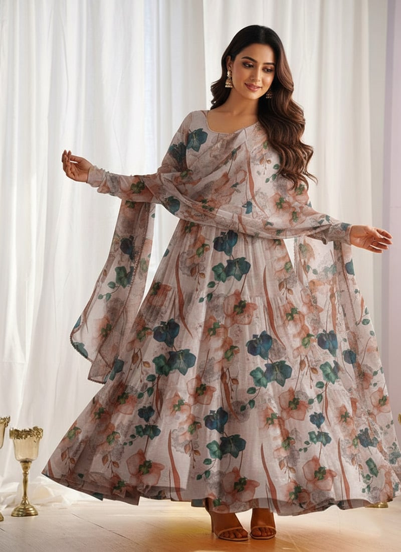 Grey Georgette Digital Print Anarkali Suit Festive Wear