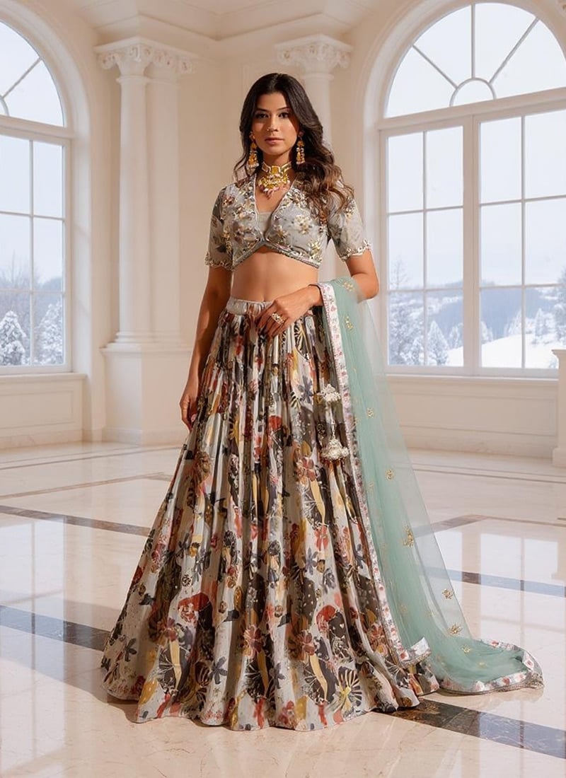 Grey Georgette Digital Print Hand Embroidered Sequins Lehenga Wedding Wear-GHSCCRM202526