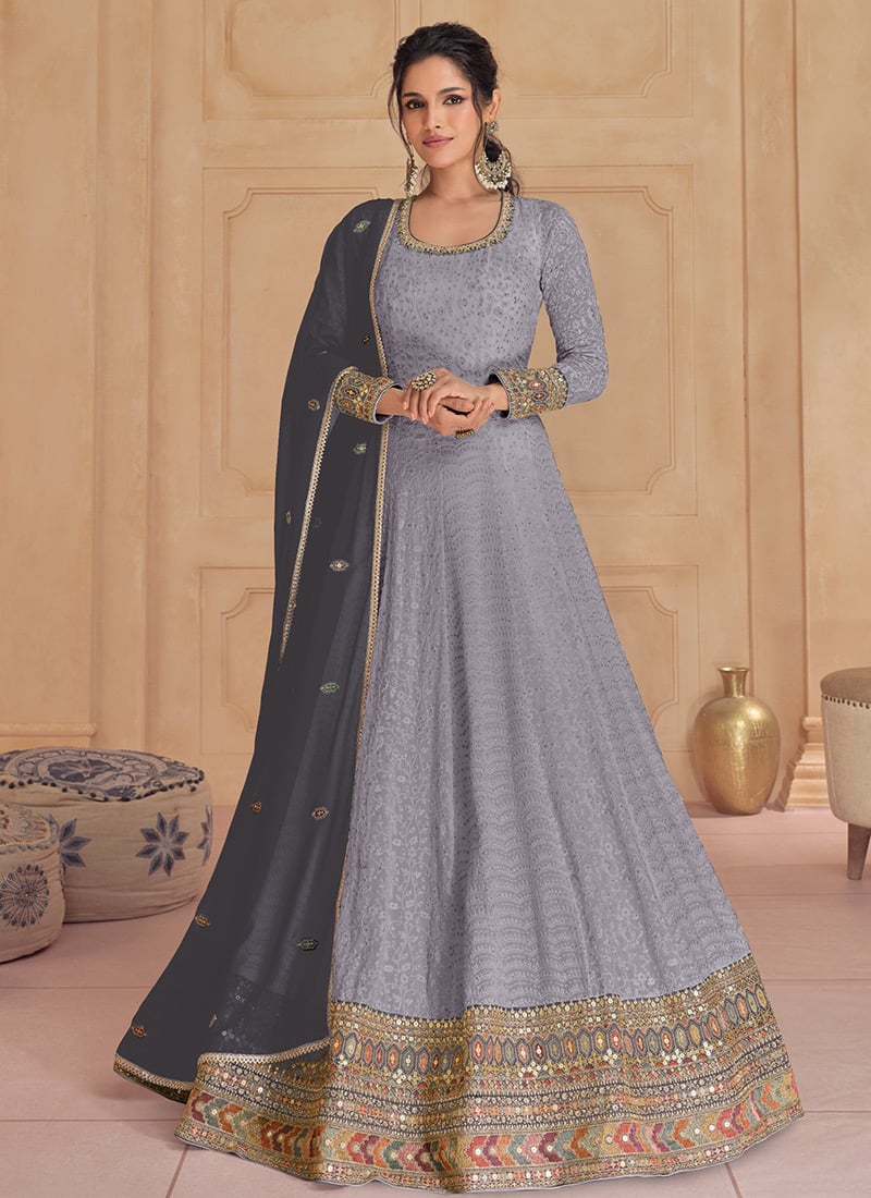 Grey Georgette Embroidered Sequins Anarkali Suit Festive Wear