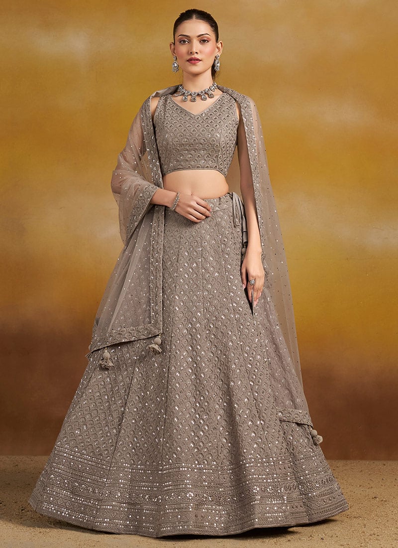 Grey Georgette Embroidered Sequins Lehenga Wedding Wear