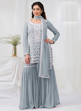 Grey Georgette Embroidered Sequins Sharara Suit