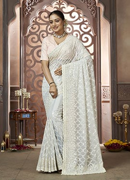 Grey Georgette Embroidered Sequins Stone Work Saree