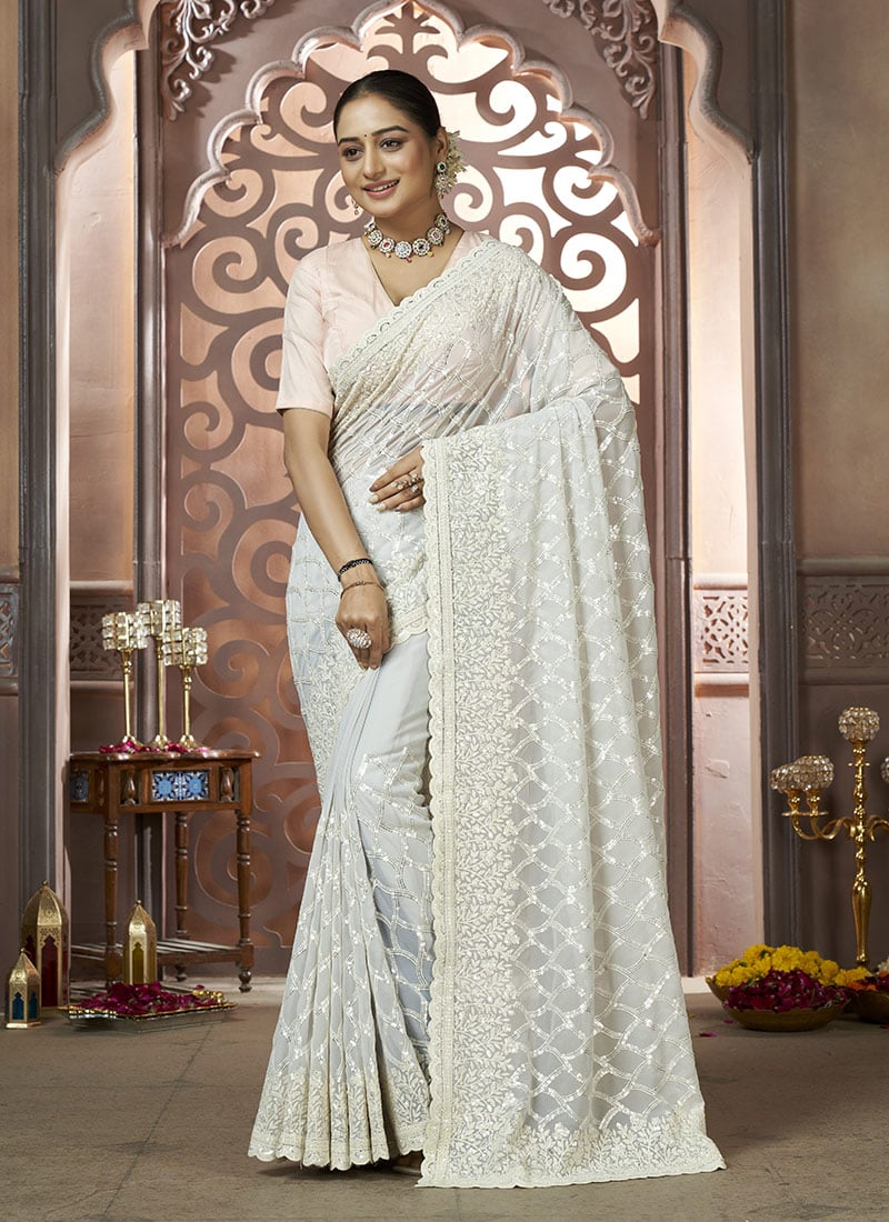 Grey Georgette Embroidered Sequins Stone Work Saree Wedding Wear