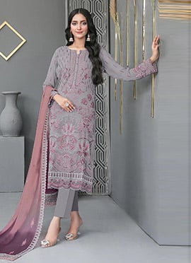Grey Georgette Embroidered Sequins Straight Pant Suit