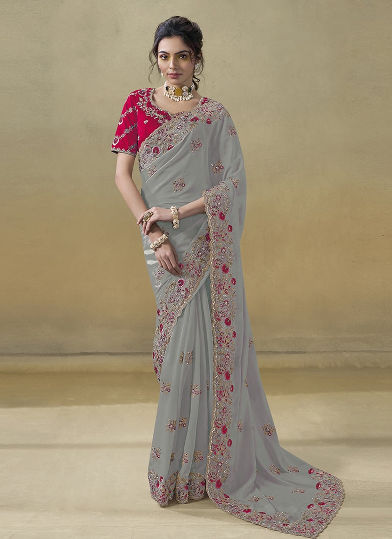 Grey Georgette Embroidered Stones And Zari Saree Wedding Wear