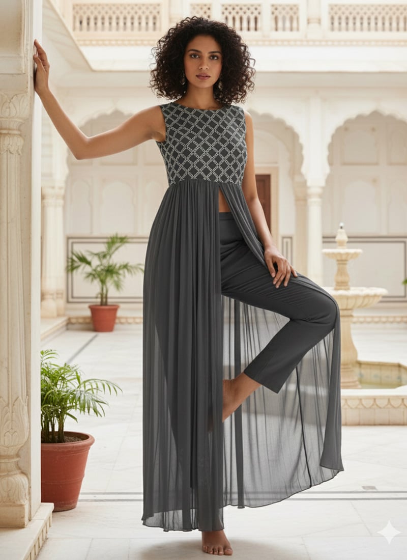 Grey Georgette Embroidered Straight Pant Suit Festive Wear