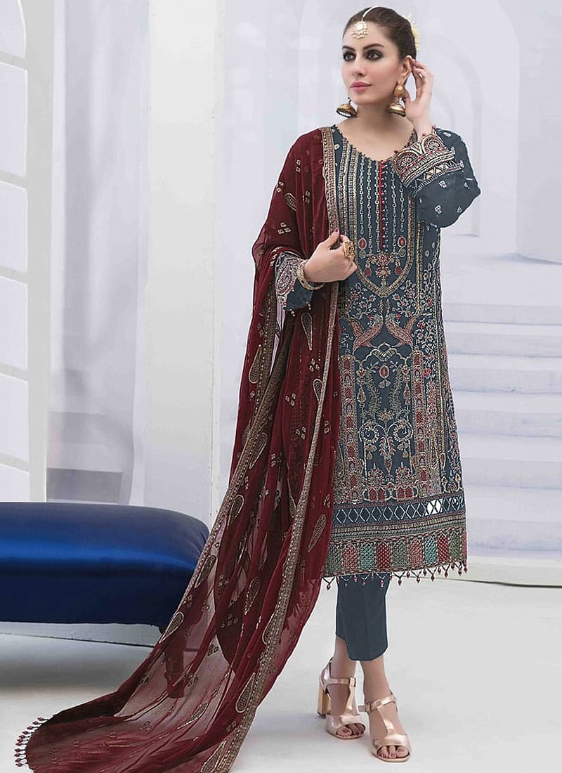 Grey Georgette Embroidered Work Straight Pant Suit Party Wear