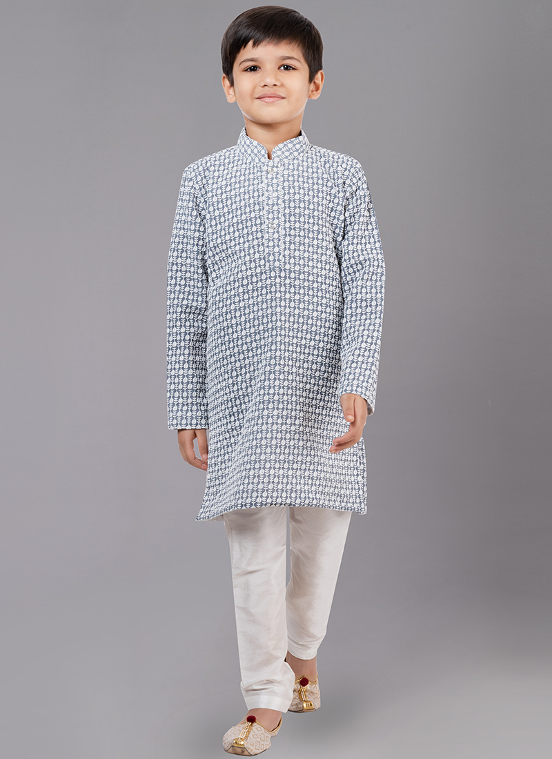Grey Georgette Embroidery Kids Kurta Pyjama