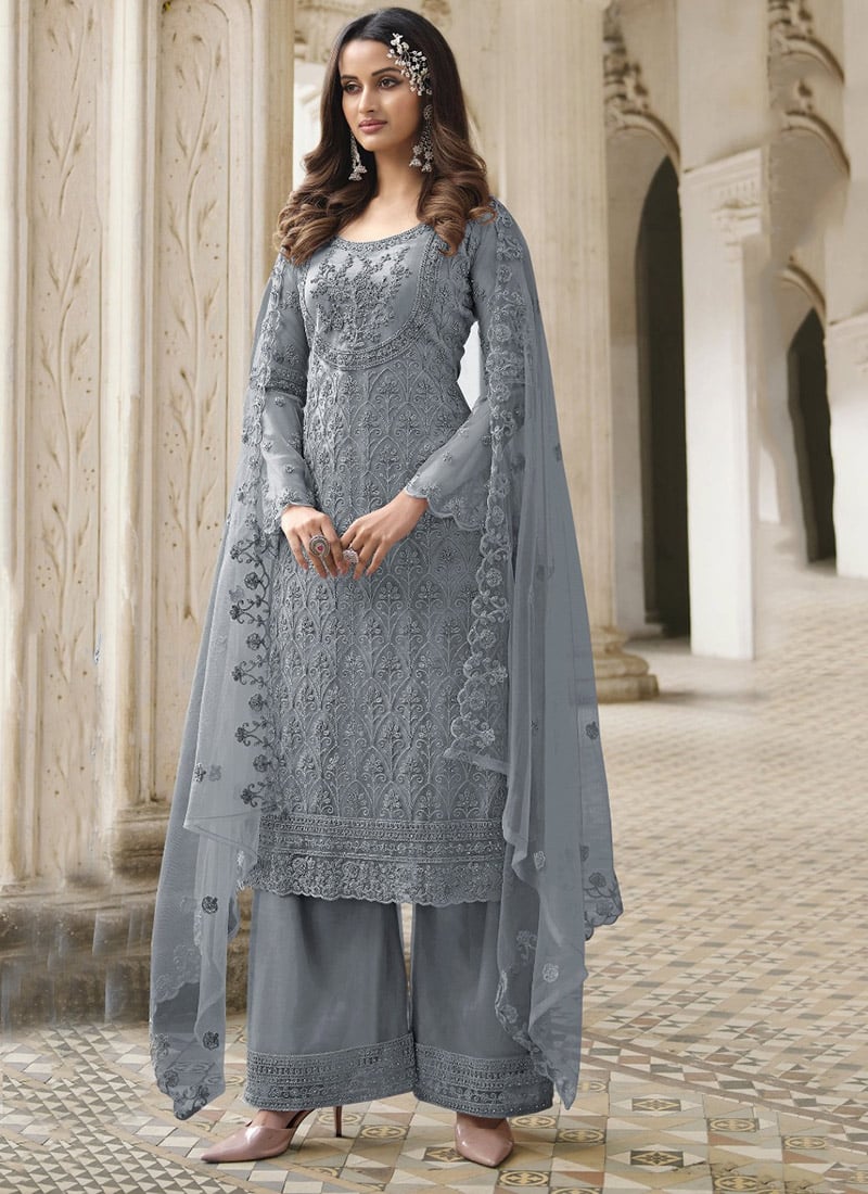 Grey Georgette Embroidery Straight Pant Suit Party Wear