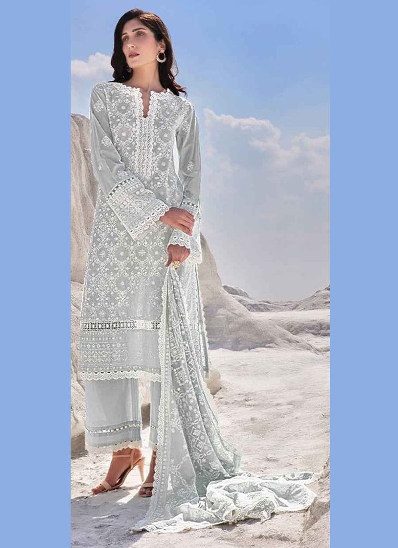 Grey Georgette Embroidery Straight Pant Suit Party Wear