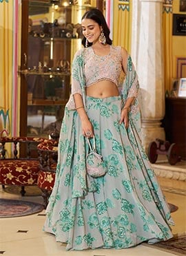 Grey Georgette Floral Printed Embroidered Sequins IndoWestern Skirt Set With Cape