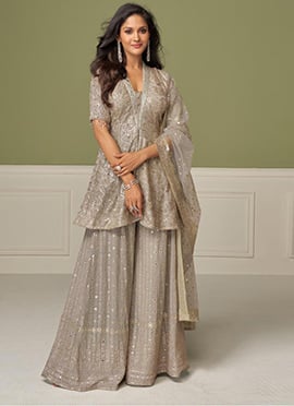 Grey Georgette Hand Embroidered Palazzo Suit