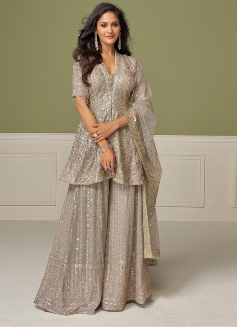 Grey Georgette Hand Embroidered Palazzo Suit After Six Wear