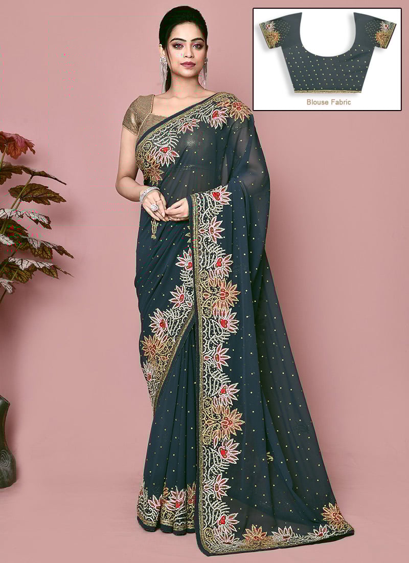 Grey Georgette Hand Embroidered Saree Wedding Wear