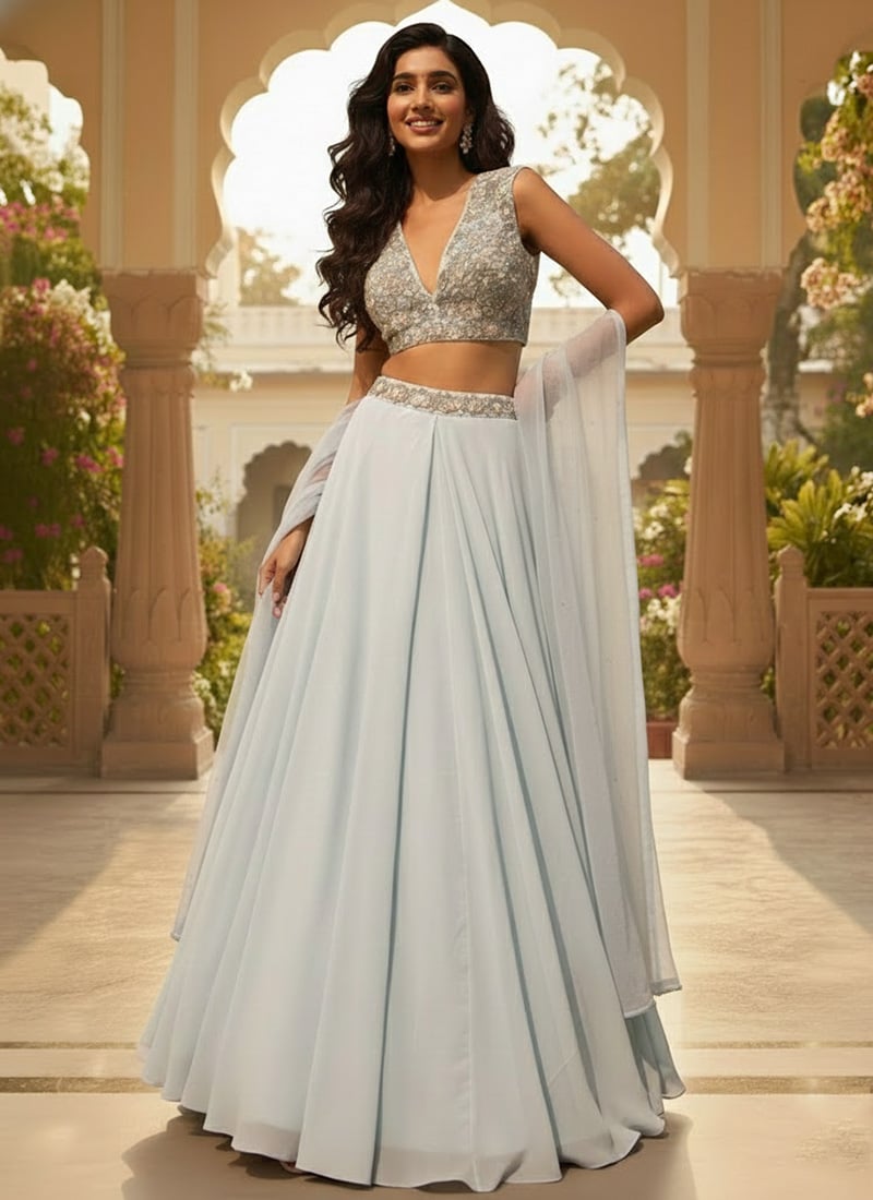 Grey Georgette Hand Embroidered Sequins Lehenga Wedding Wear