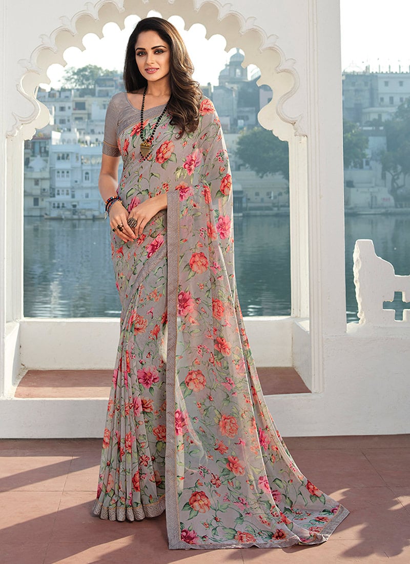 Grey Georgette Printed Work Saree Festive Wear