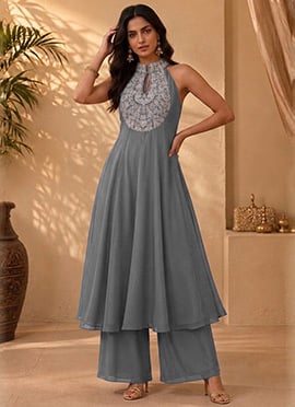 Grey Georgette Resham Embroidery Halter Neck Kurta Palazzo Set