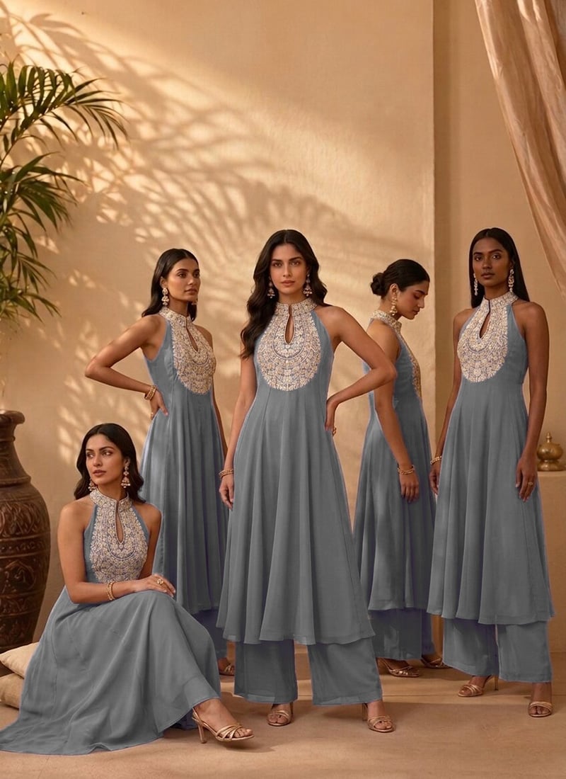 Grey Georgette Resham Embroidery Halter Neck Kurta Palazzo Set After Six Wear