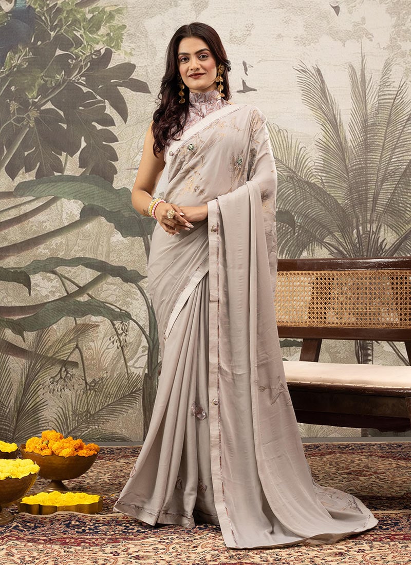 Grey Georgette Silk Printed And Applique Work Saree