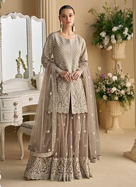 Grey Georgette Stones Beads Embroidered High Slit Sharara Suit  Festive Wear