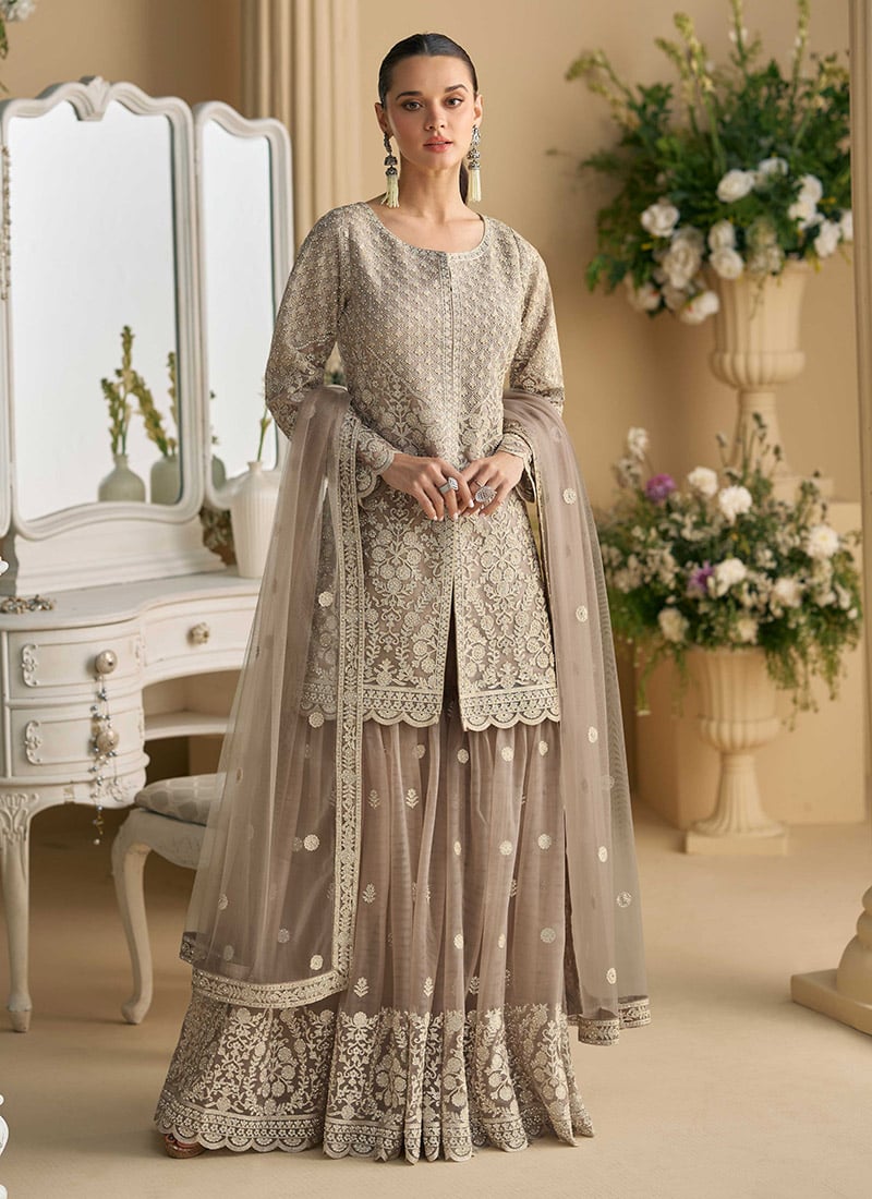 Grey Georgette Stones Beads Embroidered High Slit Sharara Suit  Festive Wear