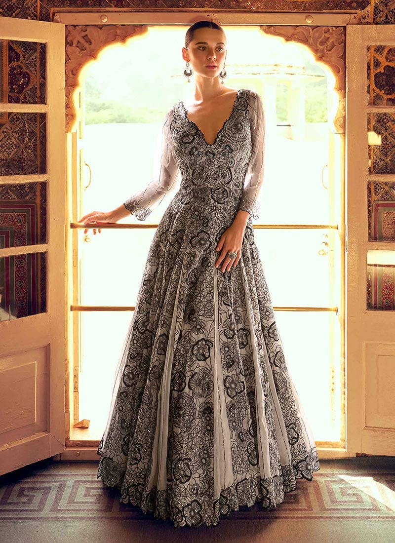 Grey Georgette Thread Embroidered Sequins Gown Wedding Wear