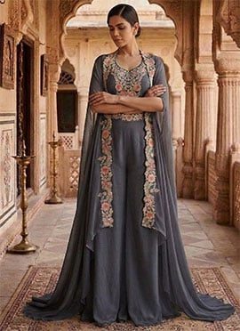 Grey Georgette Zari Embroidered Indowestern Palazzo Set With Jacket
