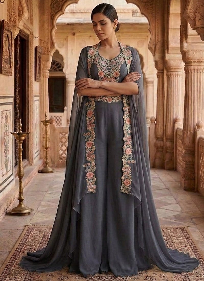 Grey Georgette Zari Embroidered Indowestern Palazzo Set With Jacket Wedding Wear