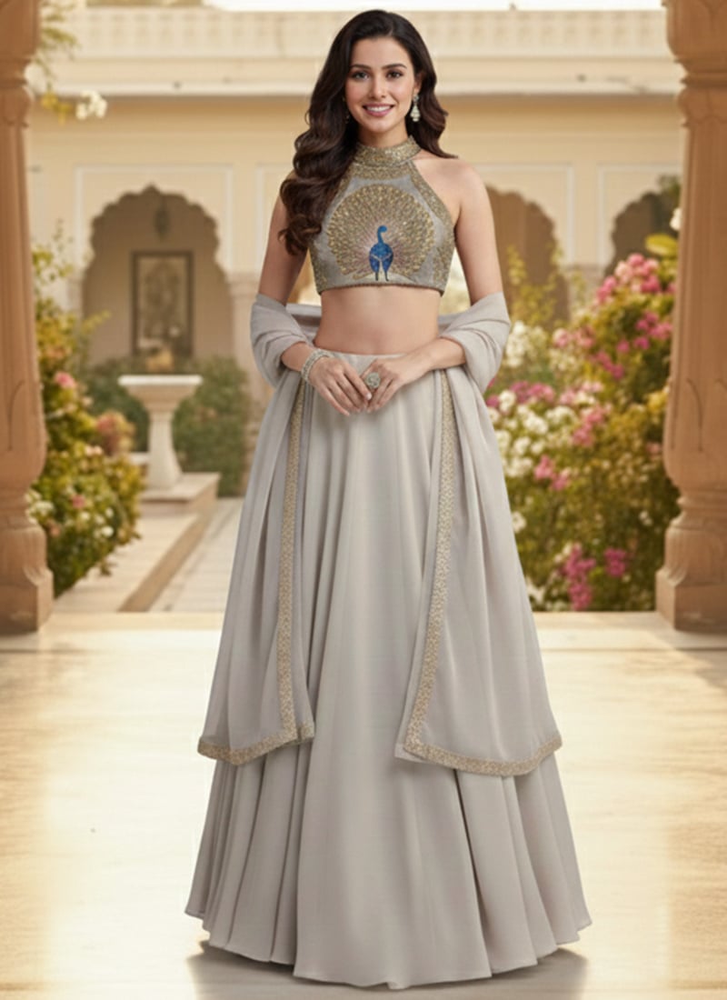 Grey Georgette Zari Sequins Hand Embroidered Lehenga  Wedding Wear