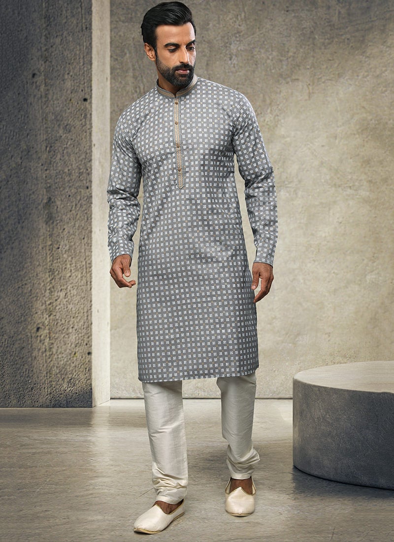 Grey Handloom Cotton Kurta Pyjama Party Wear