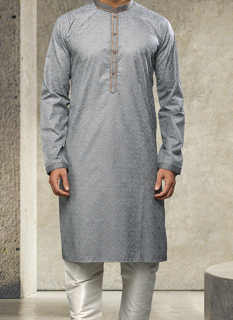Timeless Grey Art Silk Kurta Pyjama Set with Embroidery Ideal for Festivals & Functions - Buy main image 0
