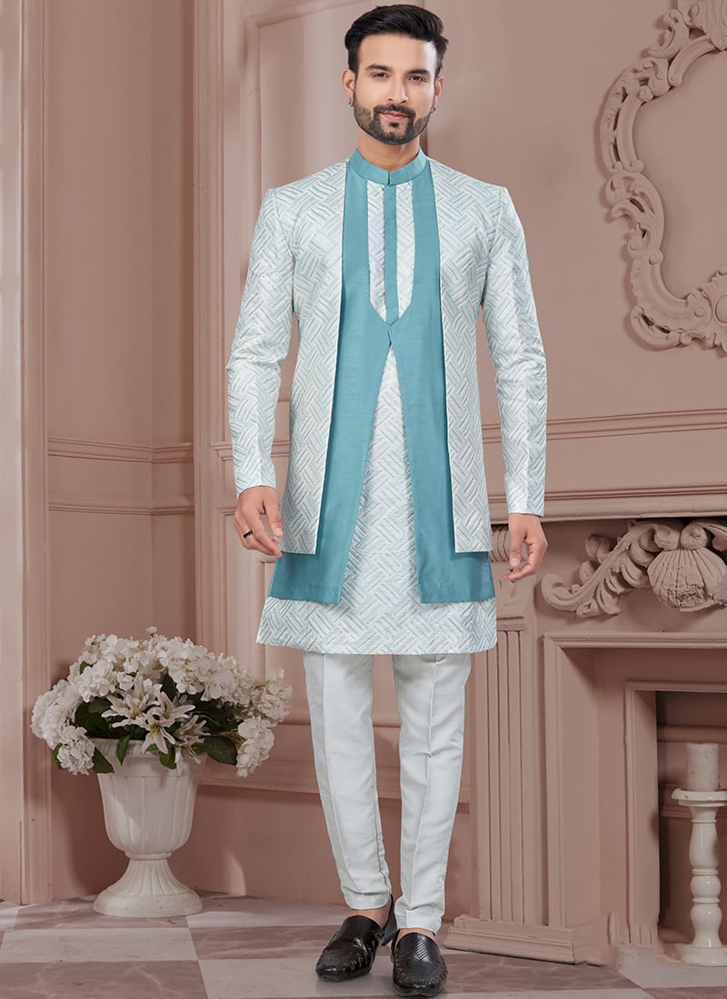 Grey Imported Silk Embroidered Sequins Indowestern Sherwani Wedding Wear