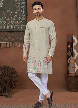 Grey Imported Silk Sequins Thread Embroidered Indowestern Sherwani