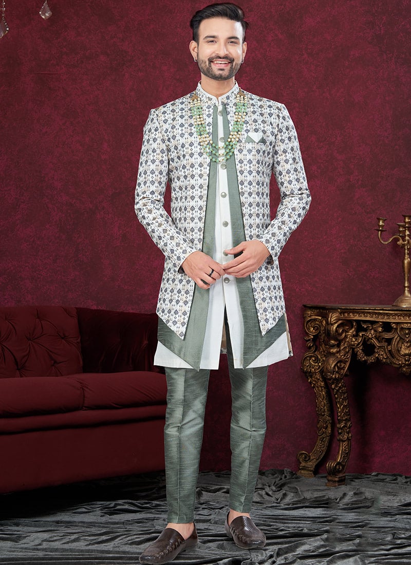 Grey Jacqard Banarasi Silk Digital Print Thread Work Indowestern Sherwani