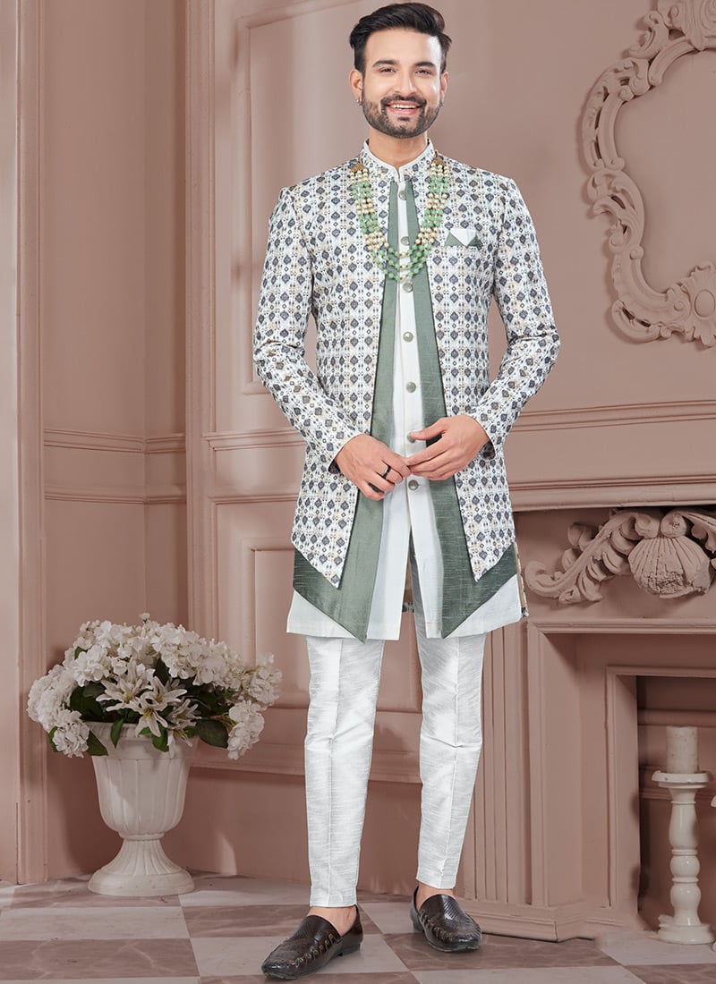 Grey Jacquard Banarasi Silk Digital Print Thread Work ndowestern Sherwani