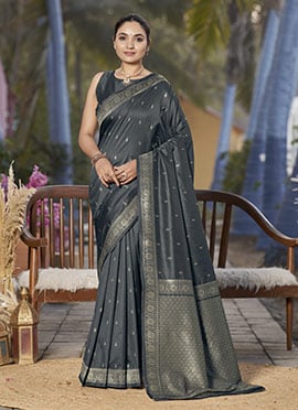 Grey Jacquard Banarasi Silk Saree