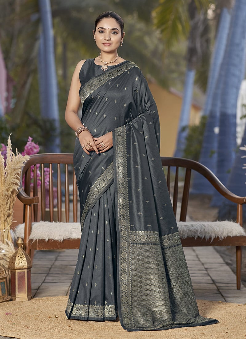 Grey Jacquard Banarasi Silk Saree Festive Wear